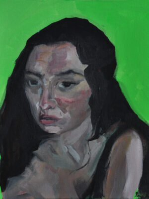 oil portrait of Charli xcx with a brat-green background