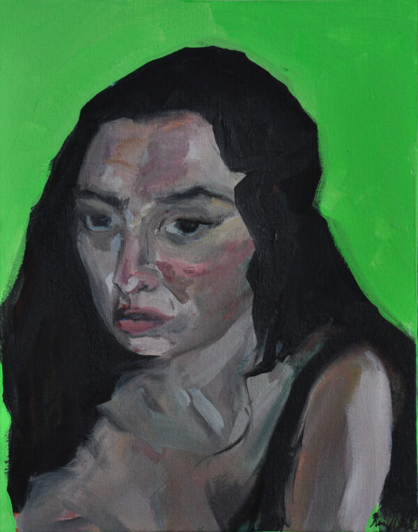 oil portrait of Charli xcx with a brat-green background