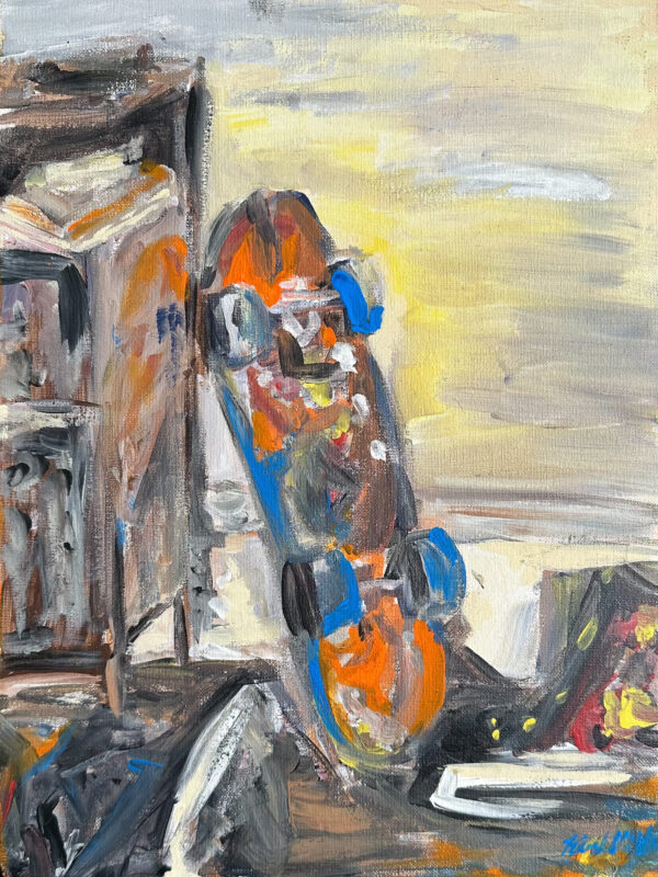 still life painting of a skateboard propped up against a dresser